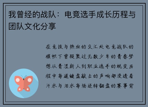 我曾经的战队：电竞选手成长历程与团队文化分享
